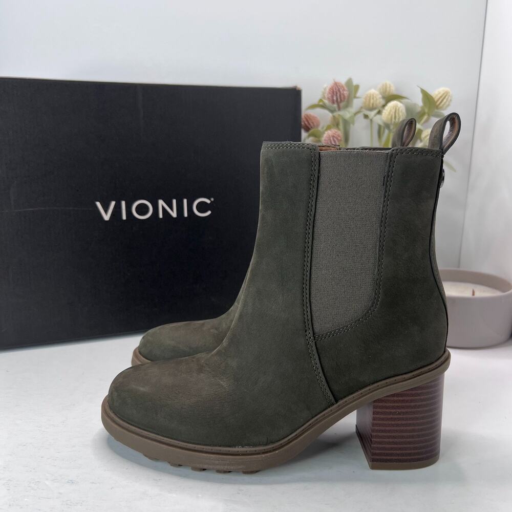 Vionic Truckee Leather Ankle Boots Dark Khaki Green J0721L2300 Women's 6.5M NWB